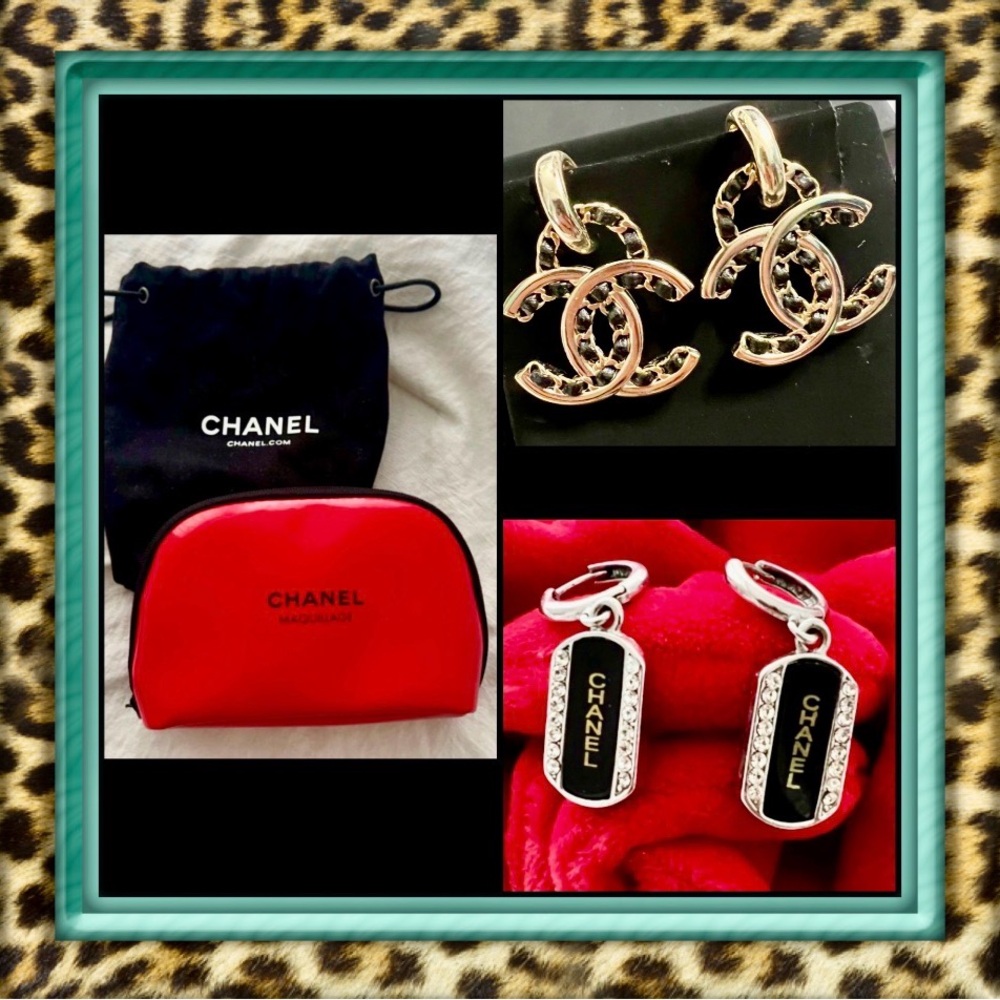👑✅PRICE FIRM✅ Stylish Fashion Earrings Set and Red Mini Chanel Cosmetic Pouch